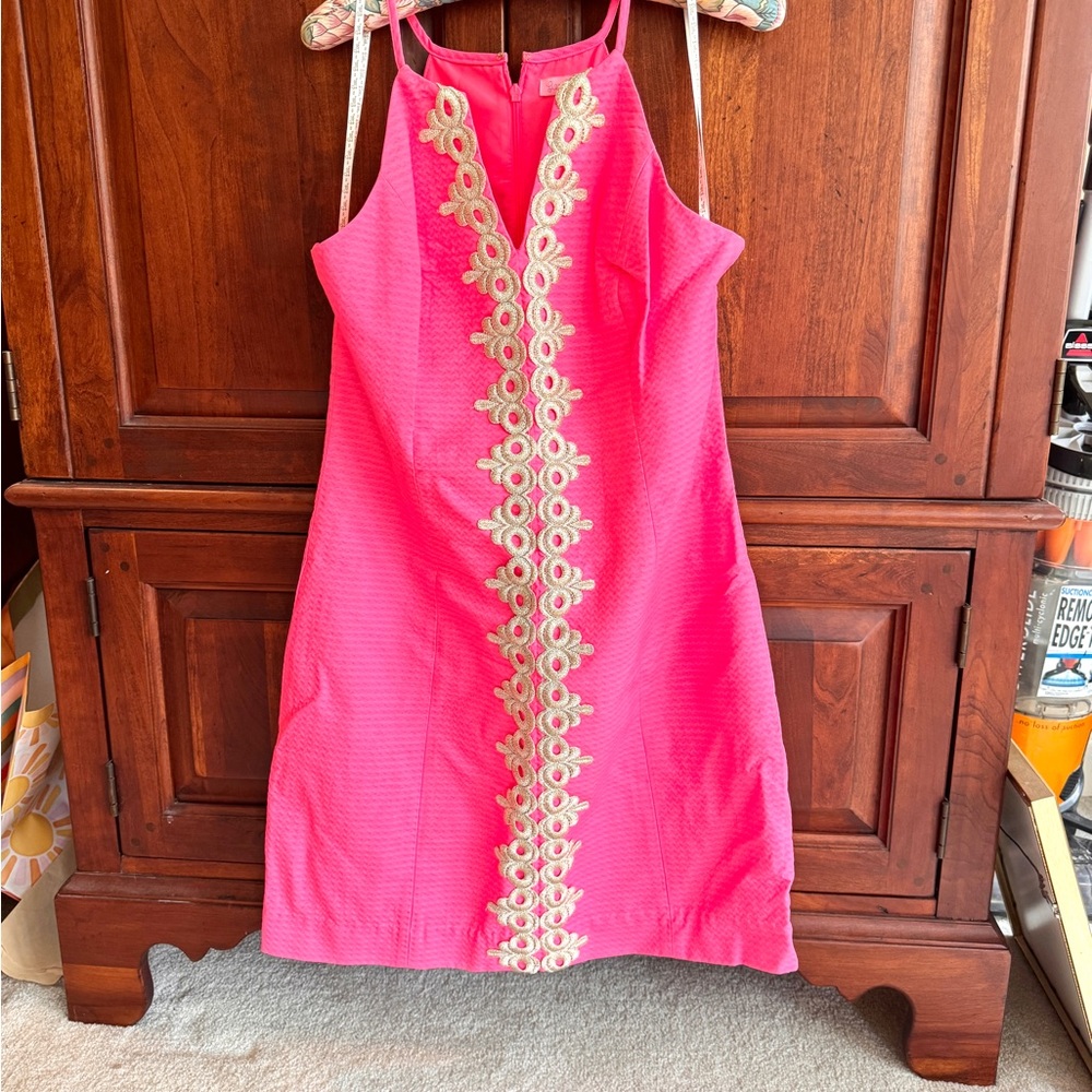 Lilly Pulitzer Pink Shift Dress with Gold Embroidery